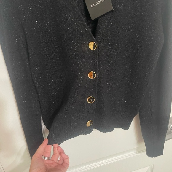 NEW ST. JOHN CLASSICS ERIN BUTTON FRONT CARDIGAN GOLD SPARKLE SANTA ROMA KNIT LG - Picture 5 of 11
